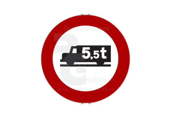 Señal de Código de Acero (R-107) Entrada prohibida a vehículos destinados al transporte de mercancías con mayor peso autorizado que el indicado
