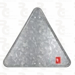 Vista trasera de una señal triangular de acero económico, con cuatro taladros para fijación y etiqueta roja del fabricante